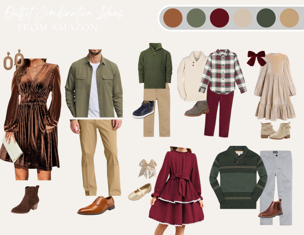 example of a cream, burgandy, and green color palette of clothing for Christmas photos for a family