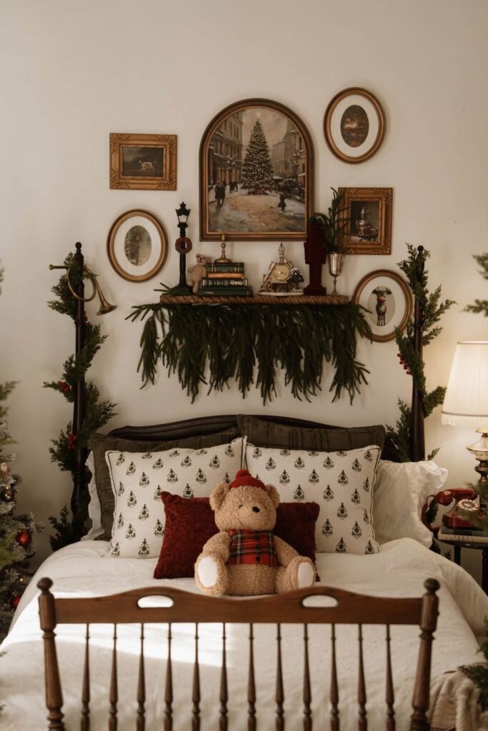 close up shot of a bed with a teddy bear in a cozy bedroom Christmas set for Christmas mini session photos in Denver studio