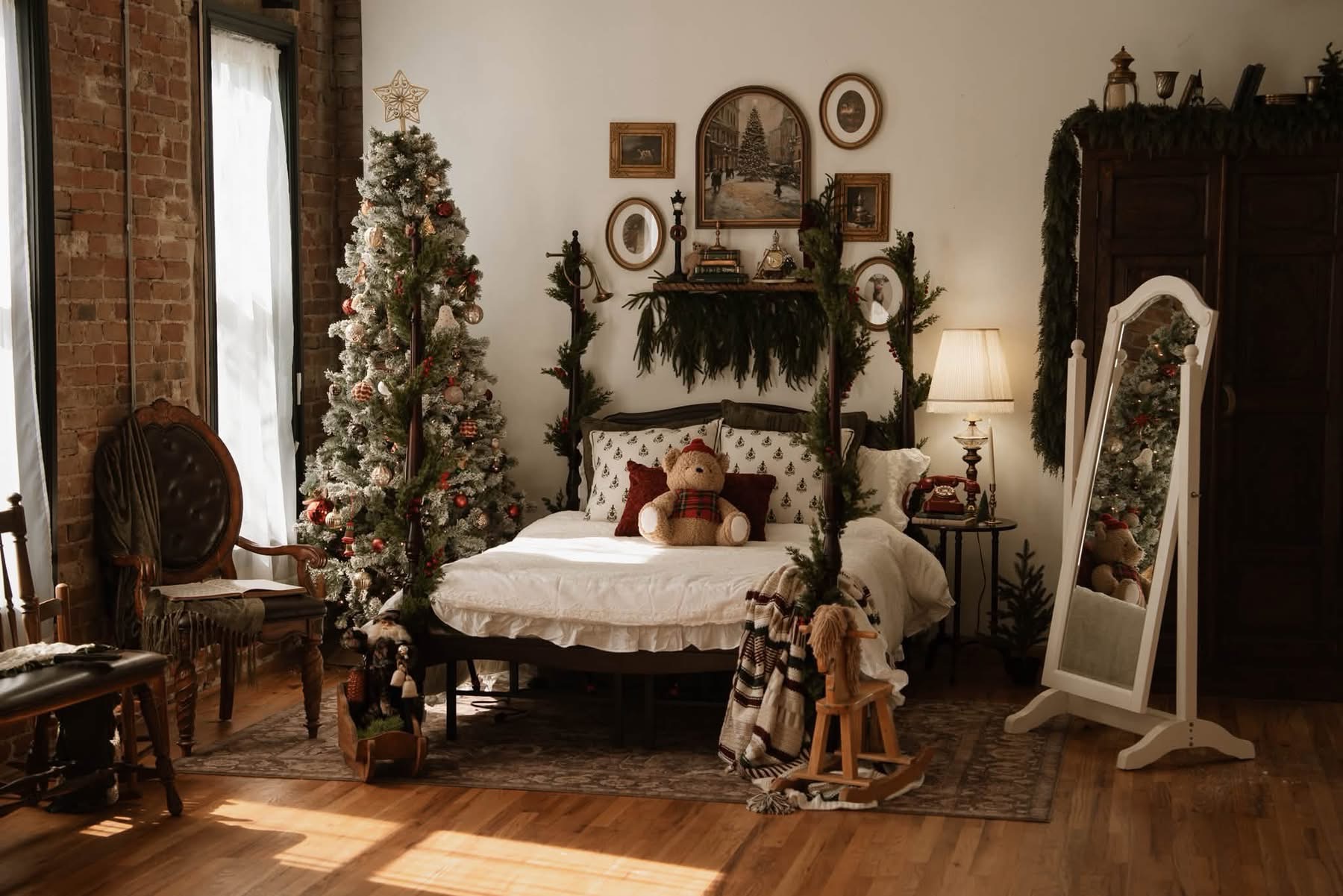 Cozy bedroom Christmas set for Christmas mini session photos