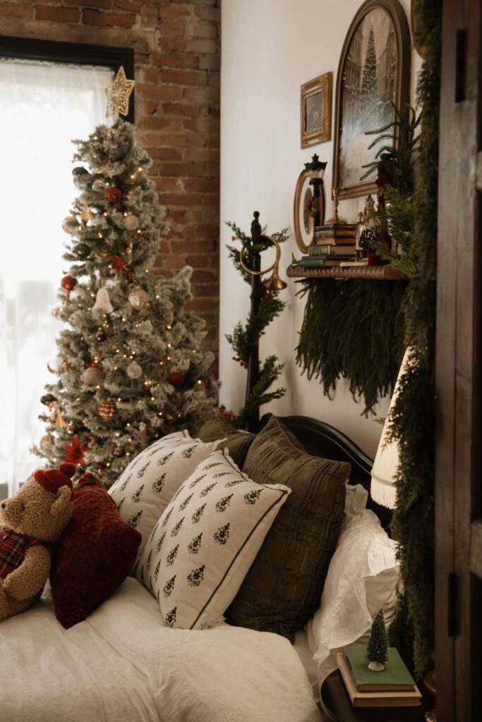 side view of a cozy bedroom Christmas set for Christmas mini session photos in Denver studio