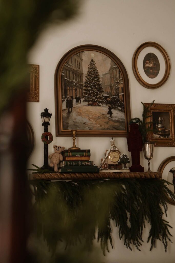 close up shot of a mantle with books in a cozy bedroom Christmas set for Christmas mini session photos in Denver studio