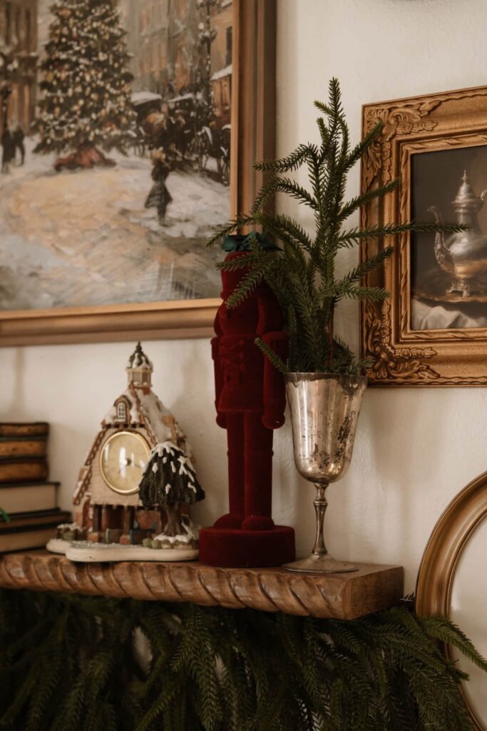 close up shot of a Christmas decorations on a mantle in a cozy bedroom Christmas set for Christmas mini session photos in Denver studio